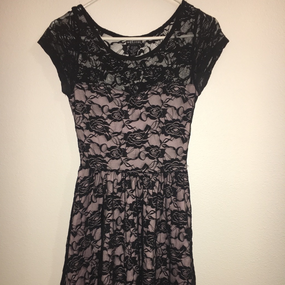 Pink dress with black floral lace